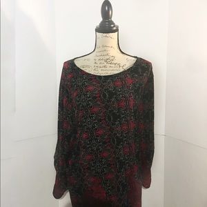 Susan Graver Red Black Floral Long Sleeve Top